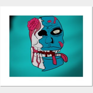 Neon blue zombie head with brain Posters and Art